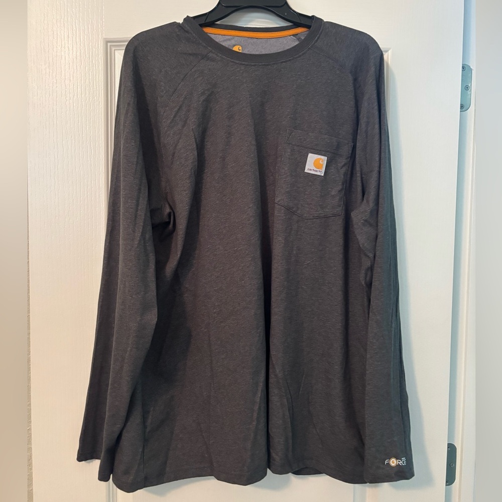 Carhartt Charcoal Long Sleeve Pocket Tee with Gold Logo Accents